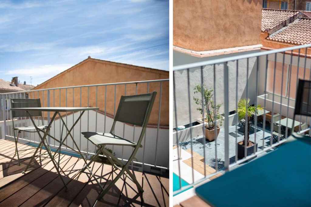 Terrasse et vue de la piscine sur le toit d'une des grandes chambres d'hôtes à Collobrières Une Histoire de Famille