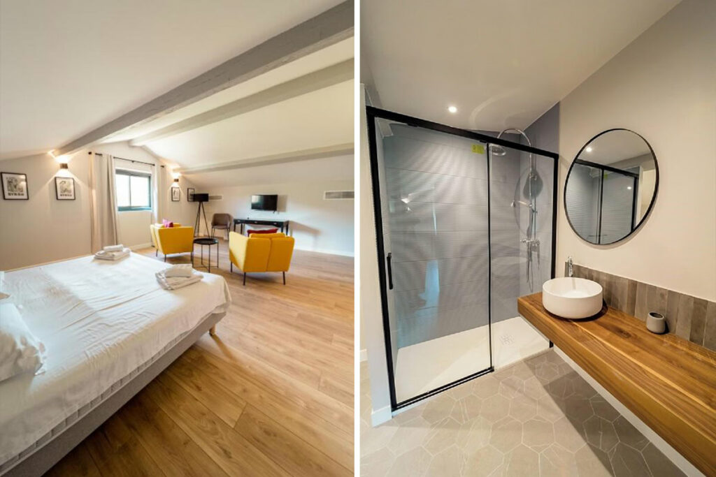 Chambre et salle de bain d'une des chambres d'hôtes Une Histoire de Famille