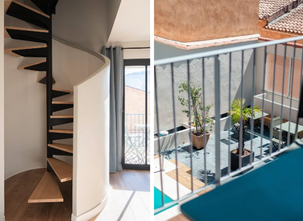 Escaliers et vue sur la terrasse d'une des chambres d'hôtes Une Histoire de Famille